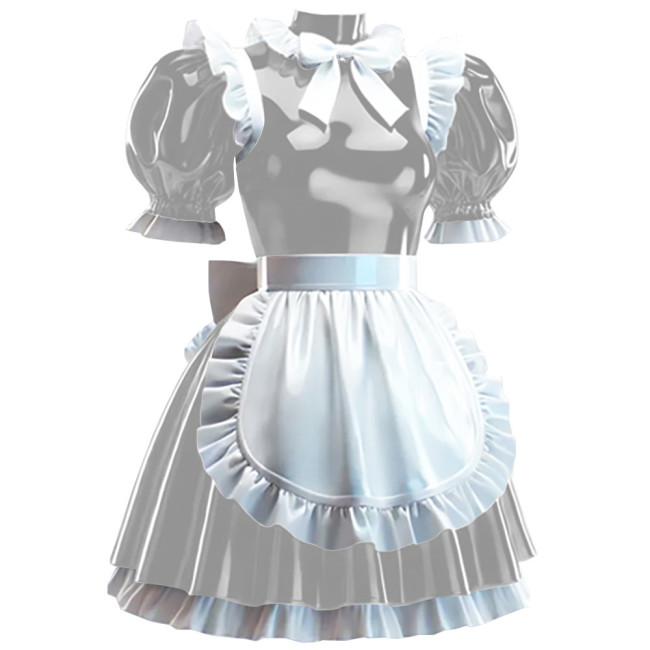 Sissy Lockable Maid Fancy Dress with Apron Crossdress Pleated Maid Outfits Wetlook PVC Leather French Masquerade Cosplay Costume