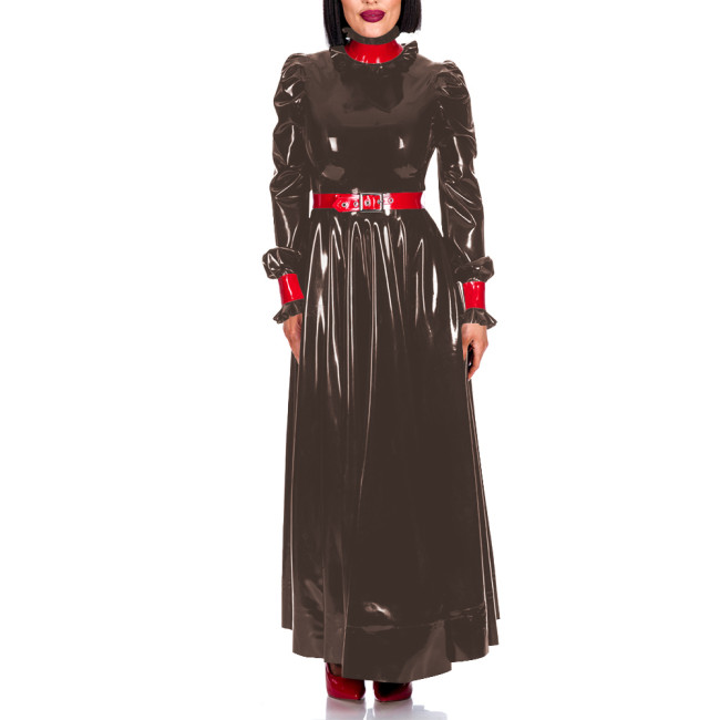 Plus Size Turleneck Waist-Cinching Elegant Dress for Womens Ankle Length Glossy PVC Leather Evening Gown Dress Sissy Vestidos