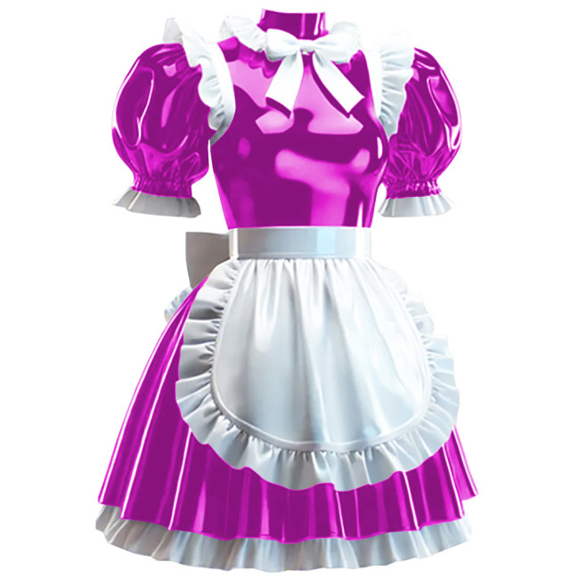 Sissy Lockable Maid Fancy Dress with Apron Crossdress Pleated Maid Outfits Wetlook PVC Leather French Masquerade Cosplay Costume