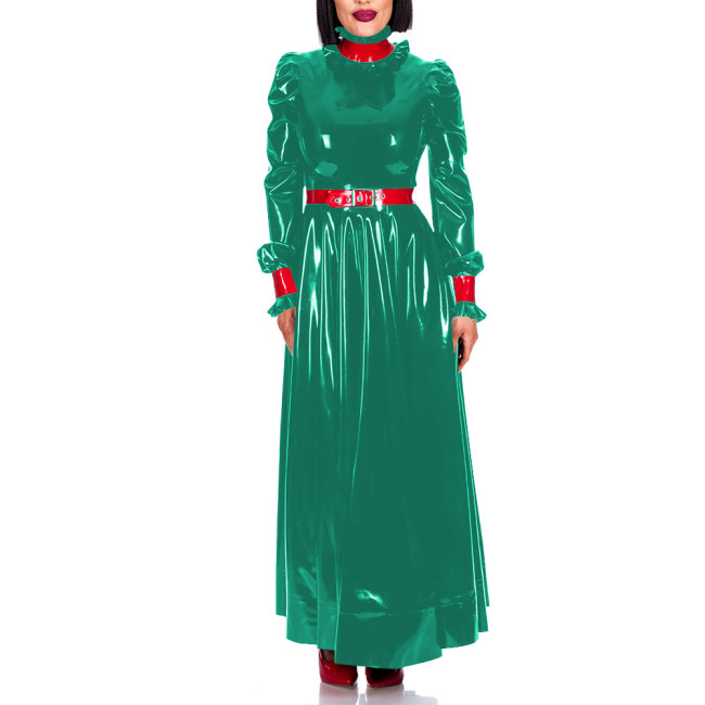 Plus Size Turleneck Waist-Cinching Elegant Dress for Womens Ankle Length Glossy PVC Leather Evening Gown Dress Sissy Vestidos