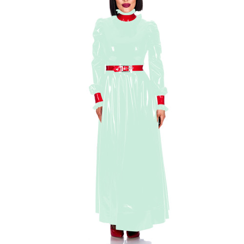 Plus Size Turleneck Waist-Cinching Elegant Dress for Womens Ankle Length Glossy PVC Leather Evening Gown Dress Sissy Vestidos