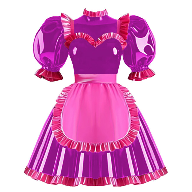 Copy Wetlook Ruffles High Neck Anime Maid Uniforms Sissy Halloween Cosplay Costume Puff Long Sleeve A-line Lolita Dress with Apron