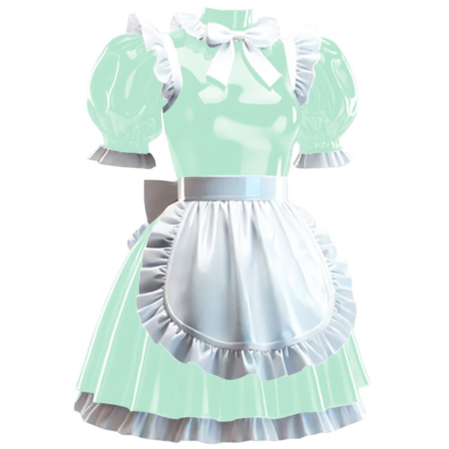 Sissy Lockable Maid Fancy Dress with Apron Crossdress Pleated Maid Outfits Wetlook PVC Leather French Masquerade Cosplay Costume