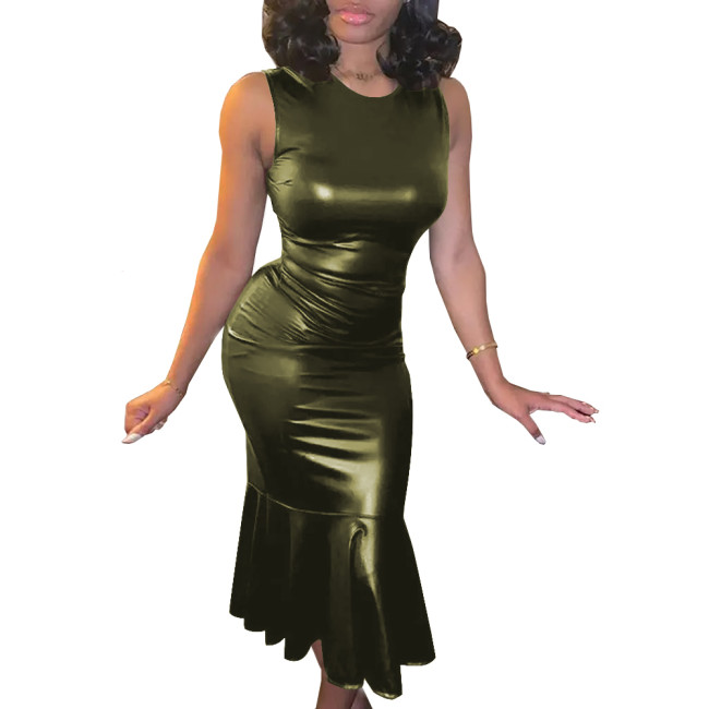 Plus Size Summer PU Leather Bodycon Sexy Dress Womens O-Neck Sleeveless Ruffled Party Sundress High Street Slim Mermaid Dress