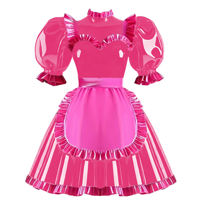 Copy Wetlook Ruffles High Neck Anime Maid Uniforms Sissy Halloween Cosplay Costume Puff Long Sleeve A-line Lolita Dress with Apron