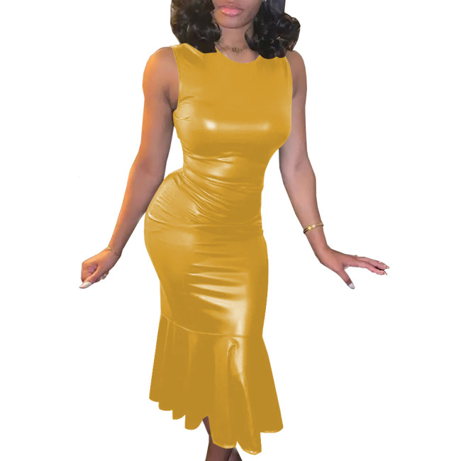 Plus Size Summer PU Leather Bodycon Sexy Dress Womens O-Neck Sleeveless Ruffled Party Sundress High Street Slim Mermaid Dress