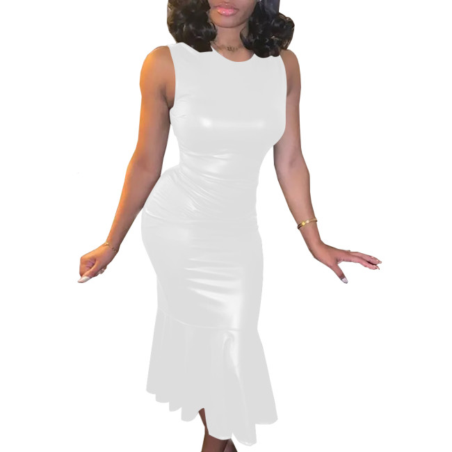 Plus Size Summer PU Leather Bodycon Sexy Dress Womens O-Neck Sleeveless Ruffled Party Sundress High Street Slim Mermaid Dress