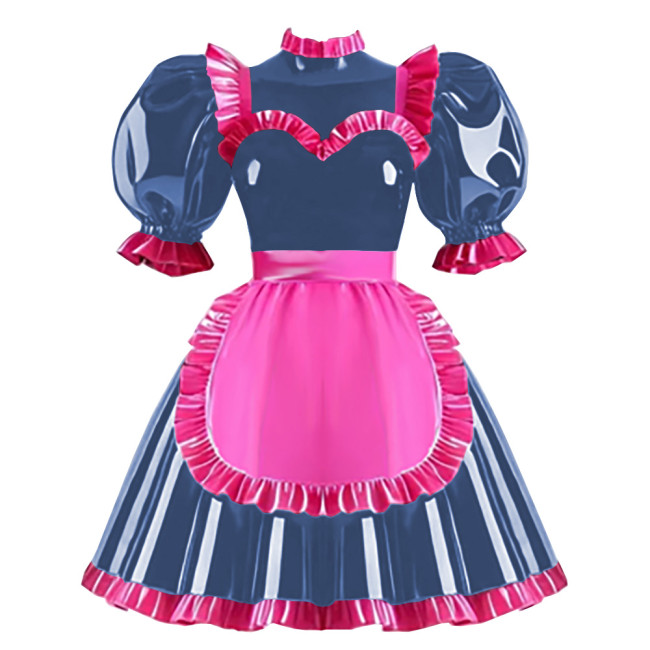 Copy Wetlook Ruffles High Neck Anime Maid Uniforms Sissy Halloween Cosplay Costume Puff Long Sleeve A-line Lolita Dress with Apron