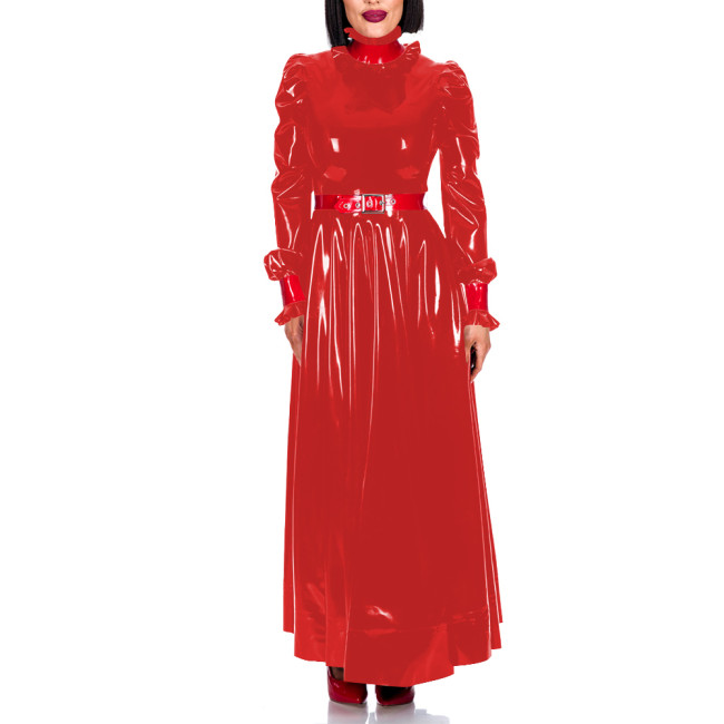 Plus Size Turleneck Waist-Cinching Elegant Dress for Womens Ankle Length Glossy PVC Leather Evening Gown Dress Sissy Vestidos