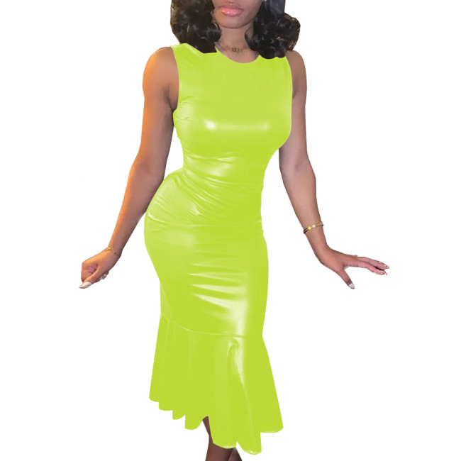 Plus Size Summer PU Leather Bodycon Sexy Dress Womens O-Neck Sleeveless Ruffled Party Sundress High Street Slim Mermaid Dress