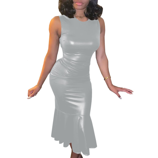 Plus Size Summer PU Leather Bodycon Sexy Dress Womens O-Neck Sleeveless Ruffled Party Sundress High Street Slim Mermaid Dress