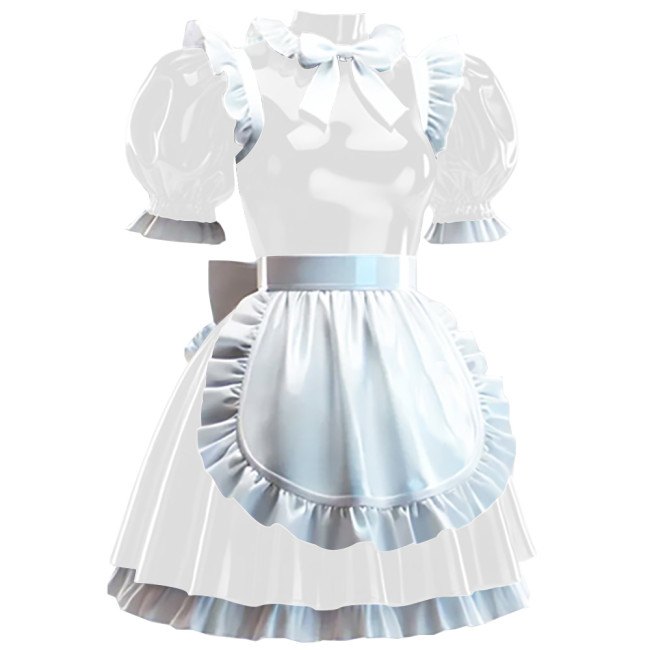 Sissy Lockable Maid Fancy Dress with Apron Crossdress Pleated Maid Outfits Wetlook PVC Leather French Masquerade Cosplay Costume