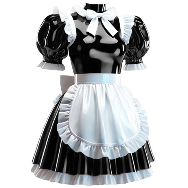 Sissy Lockable Maid Fancy Dress with Apron Crossdress Pleated Maid Outfits Wetlook PVC Leather French Masquerade Cosplay Costume