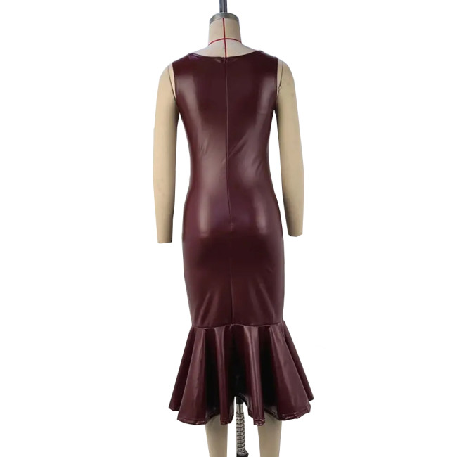 Plus Size Summer PU Leather Bodycon Sexy Dress Womens O-Neck Sleeveless Ruffled Party Sundress High Street Slim Mermaid Dress