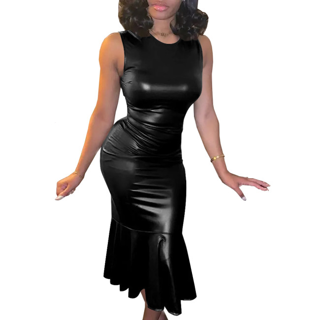 Plus Size Summer PU Leather Bodycon Sexy Dress Womens O-Neck Sleeveless Ruffled Party Sundress High Street Slim Mermaid Dress