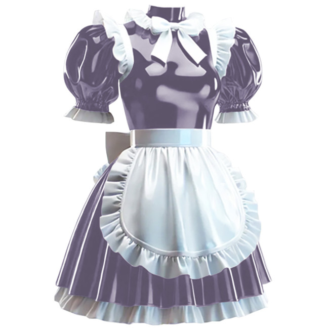 Sissy Lockable Maid Fancy Dress with Apron Crossdress Pleated Maid Outfits Wetlook PVC Leather French Masquerade Cosplay Costume