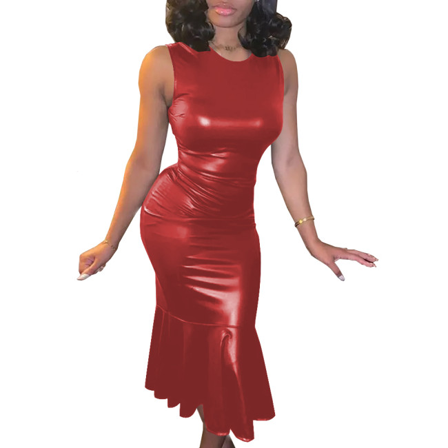 Plus Size Summer PU Leather Bodycon Sexy Dress Womens O-Neck Sleeveless Ruffled Party Sundress High Street Slim Mermaid Dress