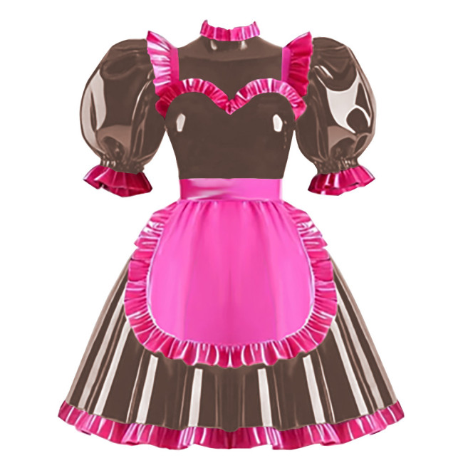Copy Wetlook Ruffles High Neck Anime Maid Uniforms Sissy Halloween Cosplay Costume Puff Long Sleeve A-line Lolita Dress with Apron