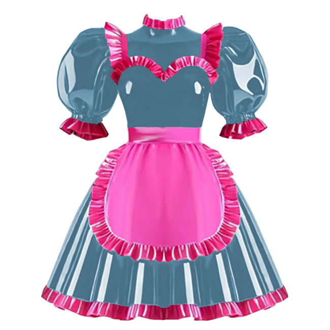 Copy Wetlook Ruffles High Neck Anime Maid Uniforms Sissy Halloween Cosplay Costume Puff Long Sleeve A-line Lolita Dress with Apron