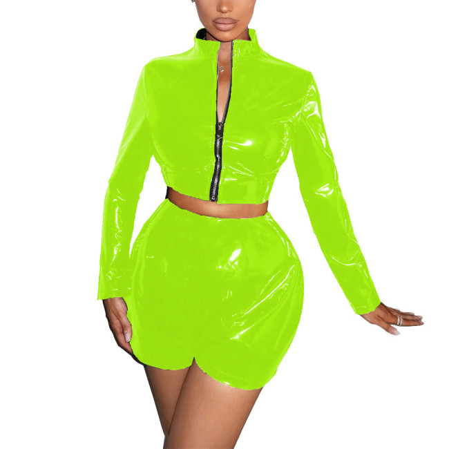 Women Vinyl PVC Leather Shorts Suit Long Sleeve Zipper Short Jacket High Waist Shorts Fashion Set Female Latex-look Club Outfits