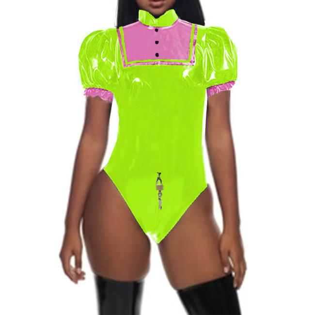 Lolita Lockable Bodysuit Puff Short Sleeves Zipper Crotch Leotard Halloween Princess Cosplay Costumes PVC Shiny Party Rompers