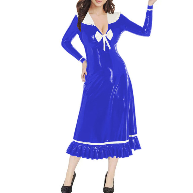 Vinyl PVC Leather Preppy Style Midi Dress Peter Pan Collar Long Sleeves Flared Dress Female Clothing Party Sweet Ruffles Dresses