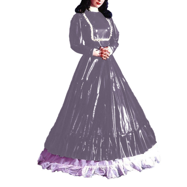 Turtleneck Eleagnt Long Dress Sissy Long Sleeves PVC Shiny Leather Pleated A-line Dress Halloween Cosplay Party Fancy Dress Up