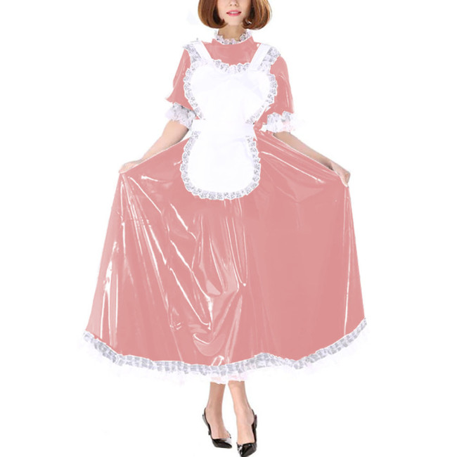 Sissy French Maid Cosplay Dress Outfits Halloween Theme Party Roleplay Maid Uniforms Glossy PVC Leather Dresses with Lace Apron