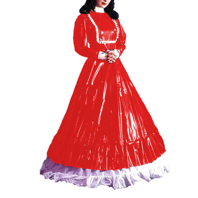 Turtleneck Eleagnt Long Dress Sissy Long Sleeves PVC Shiny Leather Pleated A-line Dress Halloween Cosplay Party Fancy Dress Up