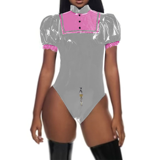 Lolita Lockable Bodysuit Puff Short Sleeves Zipper Crotch Leotard Halloween Princess Cosplay Costumes PVC Shiny Party Rompers
