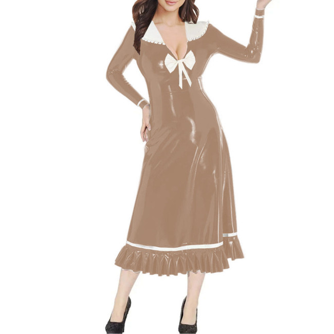 Vinyl PVC Leather Preppy Style Midi Dress Peter Pan Collar Long Sleeves Flared Dress Female Clothing Party Sweet Ruffles Dresses