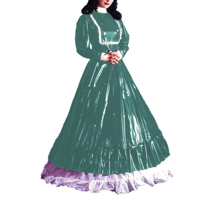 Turtleneck Eleagnt Long Dress Sissy Long Sleeves PVC Shiny Leather Pleated A-line Dress Halloween Cosplay Party Fancy Dress Up