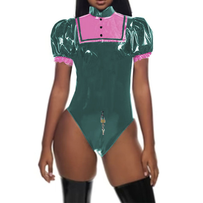 Lolita Lockable Bodysuit Puff Short Sleeves Zipper Crotch Leotard Halloween Princess Cosplay Costumes PVC Shiny Party Rompers