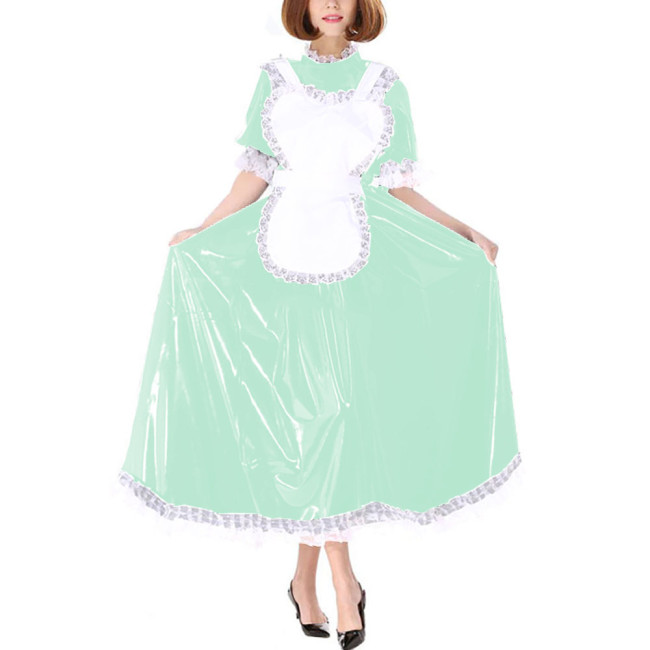 Sissy French Maid Cosplay Dress Outfits Halloween Theme Party Roleplay Maid Uniforms Glossy PVC Leather Dresses with Lace Apron
