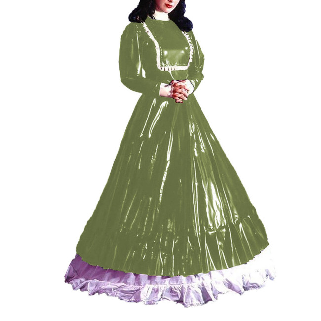 Turtleneck Eleagnt Long Dress Sissy Long Sleeves PVC Shiny Leather Pleated A-line Dress Halloween Cosplay Party Fancy Dress Up