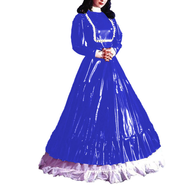 Turtleneck Eleagnt Long Dress Sissy Long Sleeves PVC Shiny Leather Pleated A-line Dress Halloween Cosplay Party Fancy Dress Up