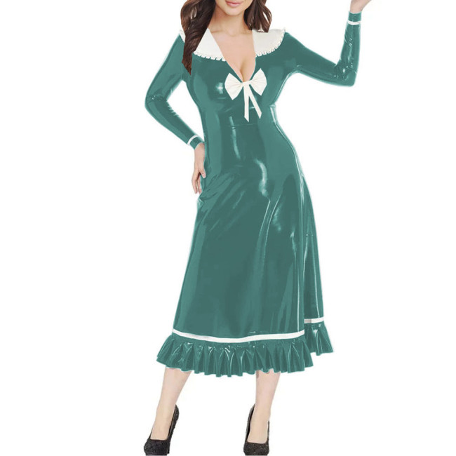 Vinyl PVC Leather Preppy Style Midi Dress Peter Pan Collar Long Sleeves Flared Dress Female Clothing Party Sweet Ruffles Dresses