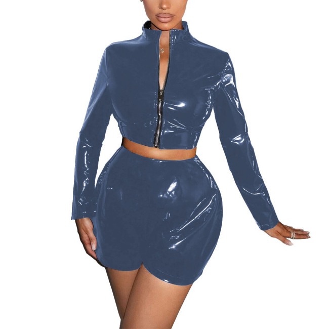 Women Vinyl PVC Leather Shorts Suit Long Sleeve Zipper Short Jacket High Waist Shorts Fashion Set Female Latex-look Club Outfits