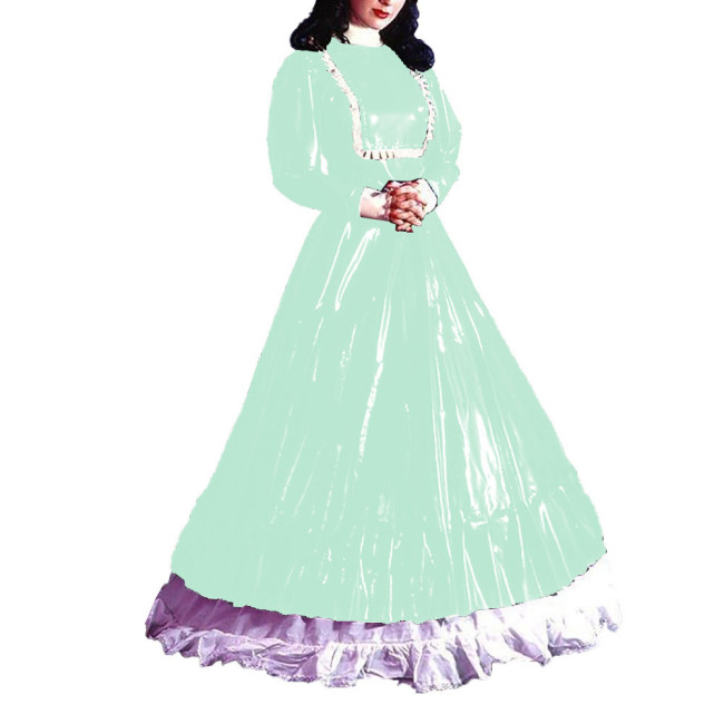 Turtleneck Eleagnt Long Dress Sissy Long Sleeves PVC Shiny Leather Pleated A-line Dress Halloween Cosplay Party Fancy Dress Up