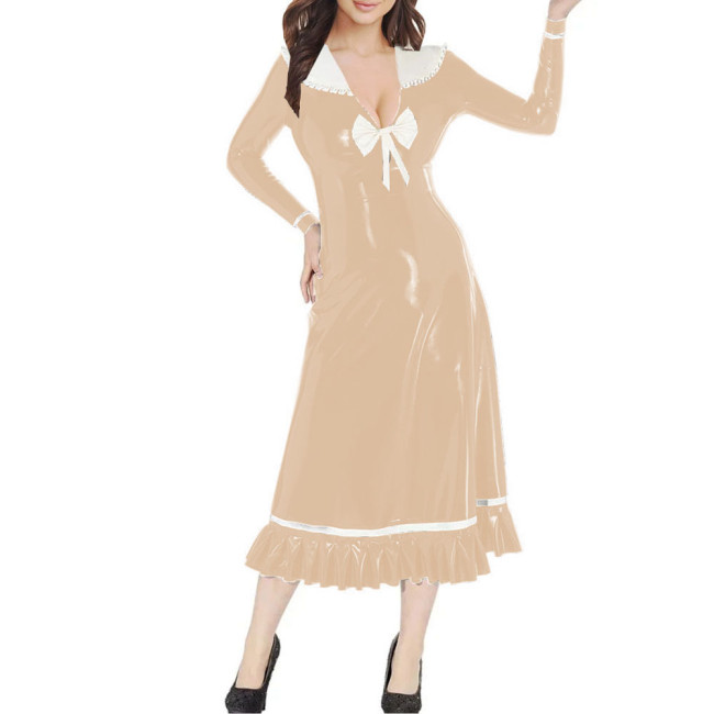 Vinyl PVC Leather Preppy Style Midi Dress Peter Pan Collar Long Sleeves Flared Dress Female Clothing Party Sweet Ruffles Dresses