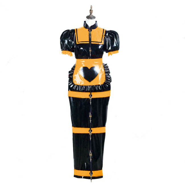 Sissy Bodycon Front Lockable Maid Outfit Puff Short Sleeve Vinyl PVC Leather Long Hobble Dress with Apron Halloween Cosplay Sets