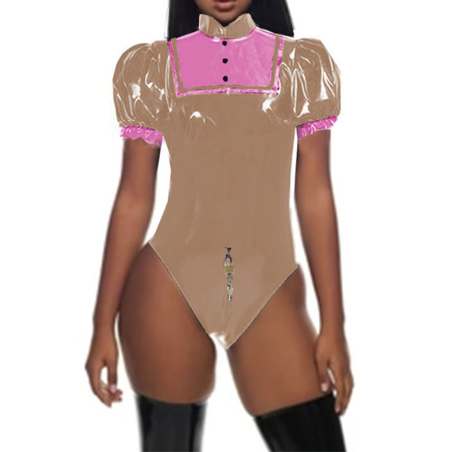 Lolita Lockable Bodysuit Puff Short Sleeves Zipper Crotch Leotard Halloween Princess Cosplay Costumes PVC Shiny Party Rompers