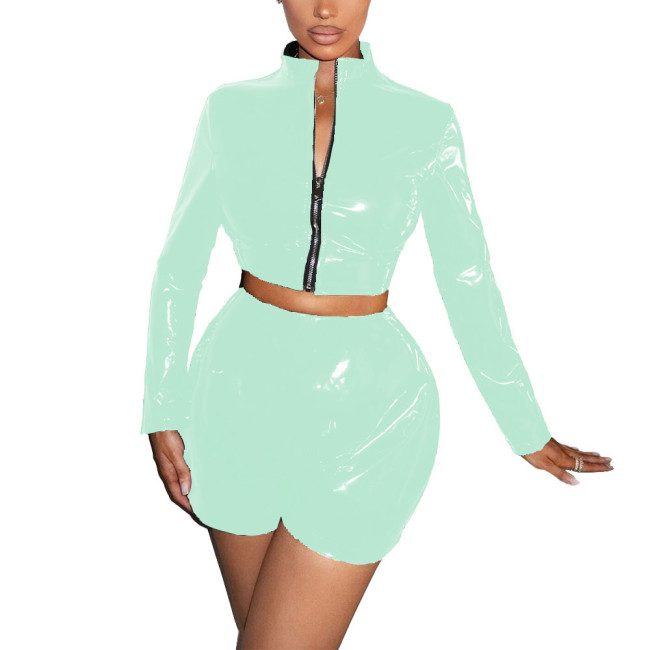 Women Vinyl PVC Leather Shorts Suit Long Sleeve Zipper Short Jacket High Waist Shorts Fashion Set Female Latex-look Club Outfits