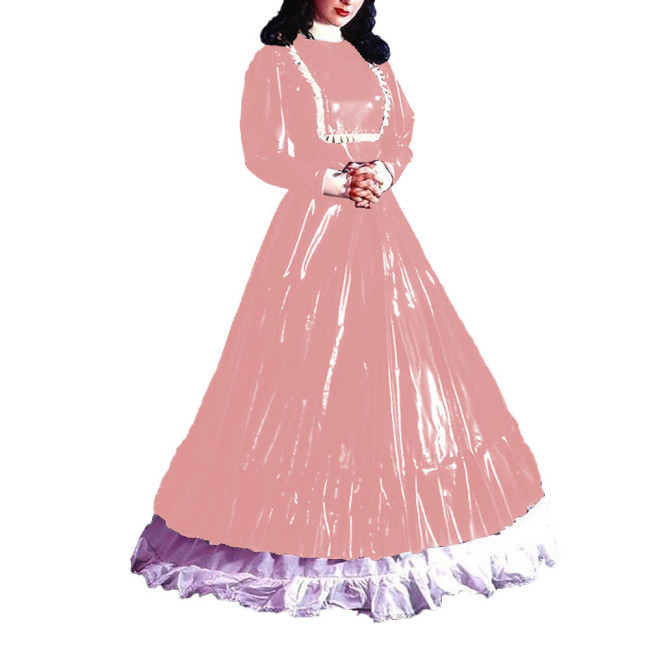 Turtleneck Eleagnt Long Dress Sissy Long Sleeves PVC Shiny Leather Pleated A-line Dress Halloween Cosplay Party Fancy Dress Up