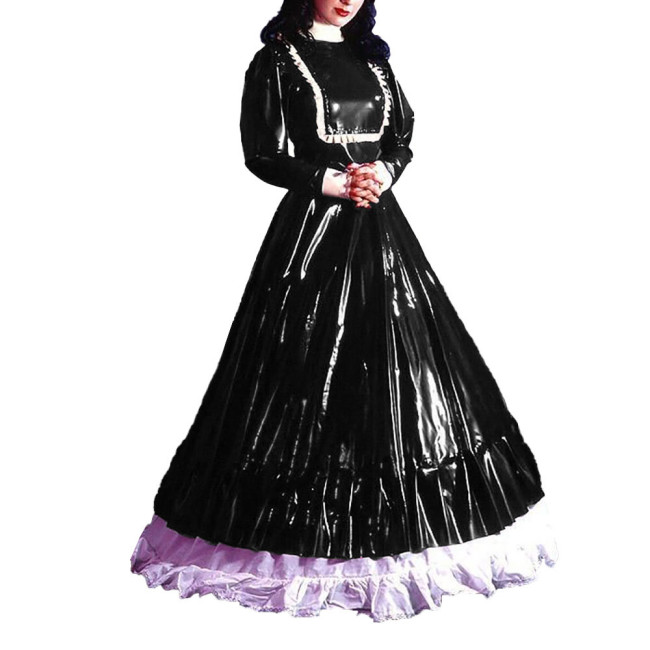 Turtleneck Eleagnt Long Dress Sissy Long Sleeves PVC Shiny Leather Pleated A-line Dress Halloween Cosplay Party Fancy Dress Up