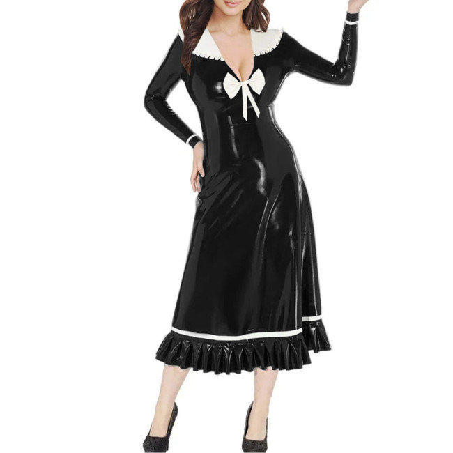 Vinyl PVC Leather Preppy Style Midi Dress Peter Pan Collar Long Sleeves Flared Dress Female Clothing Party Sweet Ruffles Dresses