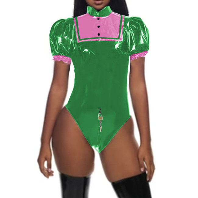 Lolita Lockable Bodysuit Puff Short Sleeves Zipper Crotch Leotard Halloween Princess Cosplay Costumes PVC Shiny Party Rompers