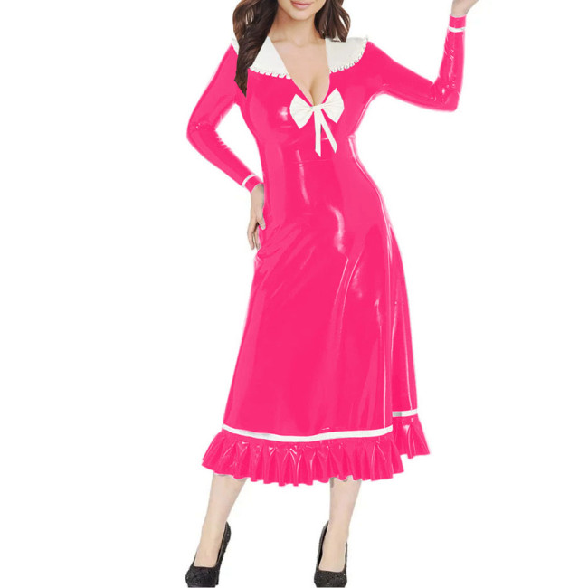 Vinyl PVC Leather Preppy Style Midi Dress Peter Pan Collar Long Sleeves Flared Dress Female Clothing Party Sweet Ruffles Dresses
