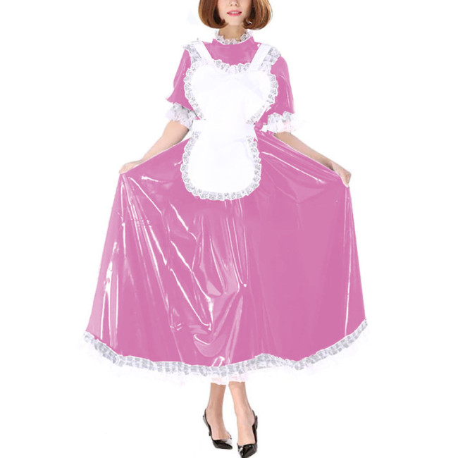 Sissy French Maid Cosplay Dress Outfits Halloween Theme Party Roleplay Maid Uniforms Glossy PVC Leather Dresses with Lace Apron