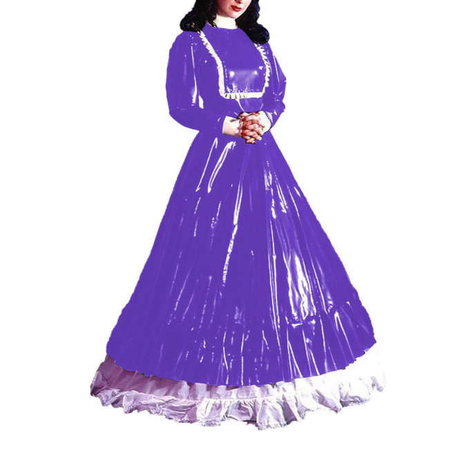 Turtleneck Eleagnt Long Dress Sissy Long Sleeves PVC Shiny Leather Pleated A-line Dress Halloween Cosplay Party Fancy Dress Up